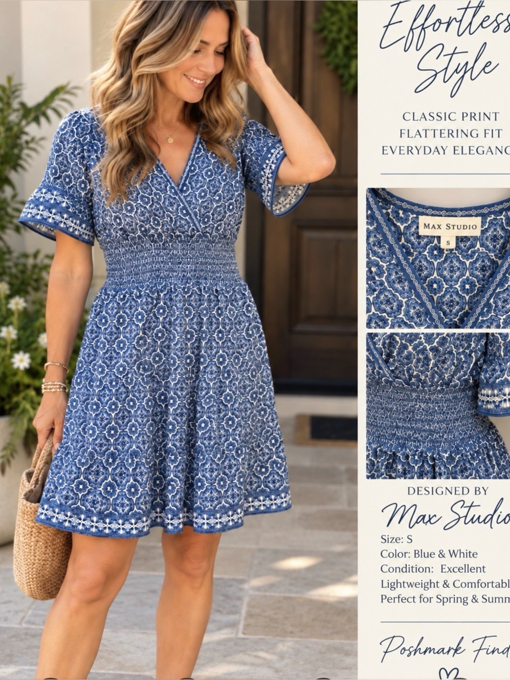 Max studio Blue & White Smocked Waist V‑Neck Dress nwt